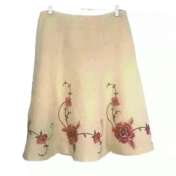 Ann Taylor LOFT A Line MIDI Skirt Size 8 Off White Floral Embroidery Linen Work - Picture 1 of 9